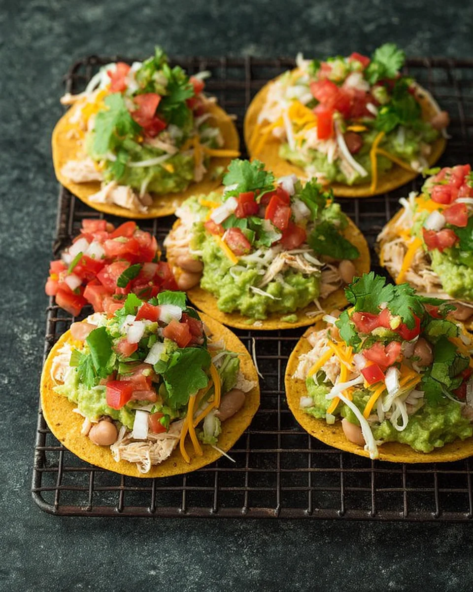 Tostadas with Chicken Guacamole and Beans Tostadas