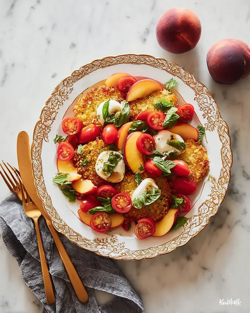 Corn Fritter Caprese with Peaches and Tomatoes Corn Fritter Caprese with Peaches and Tomatoes