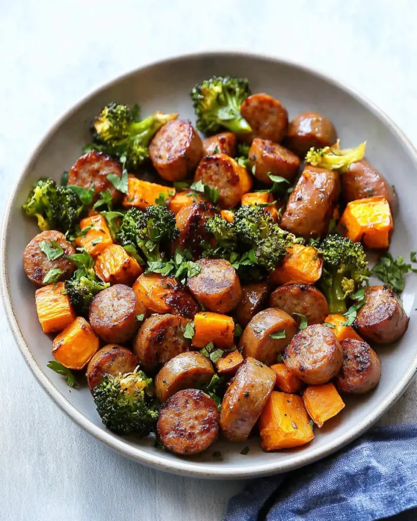 Sheet Pan Sausage and Sweet Potatoes with Honey Garlic Sauce