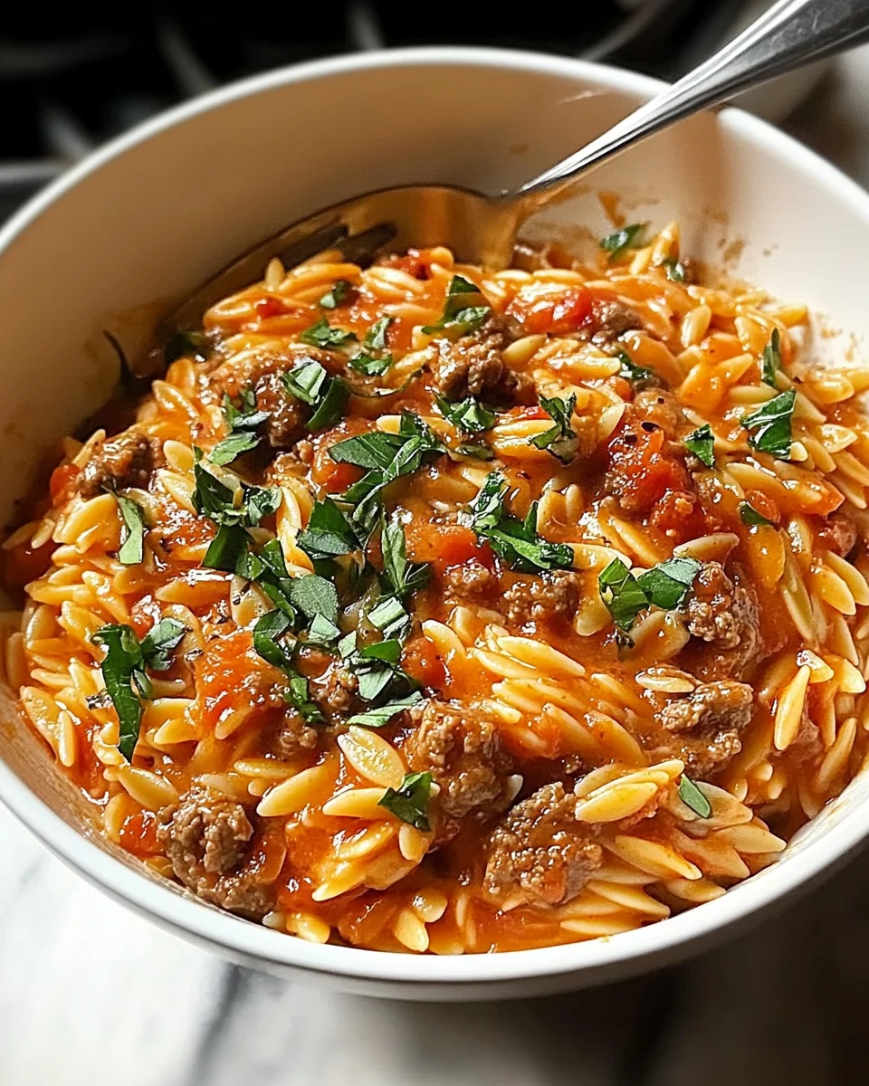 Ground Beef Orzo with Tomato Cream Sauce Ground