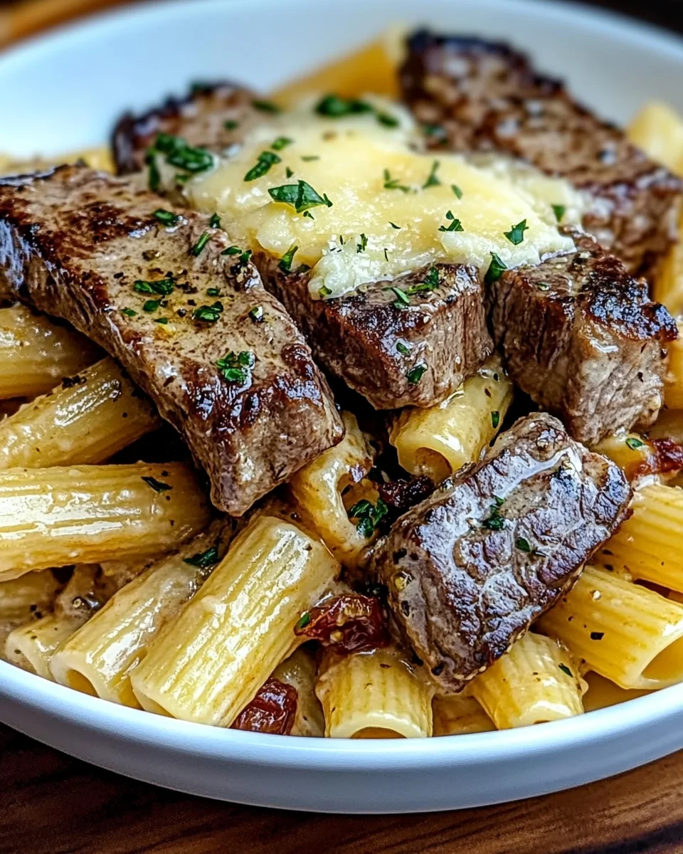 Garlic Butter Steak Tips with Cheesy Rigatoni Garlic