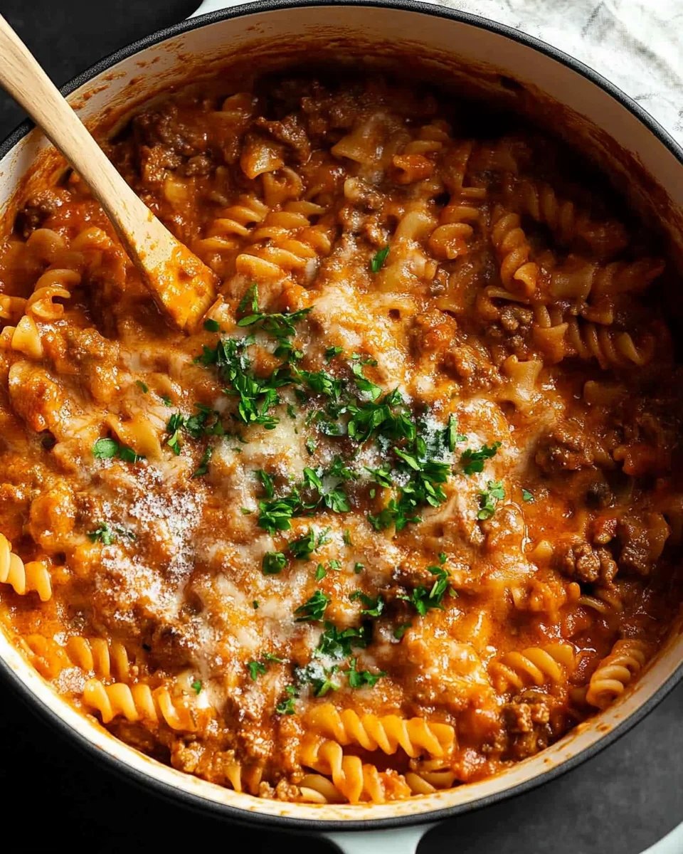 One pot creamy tomato beef pasta One