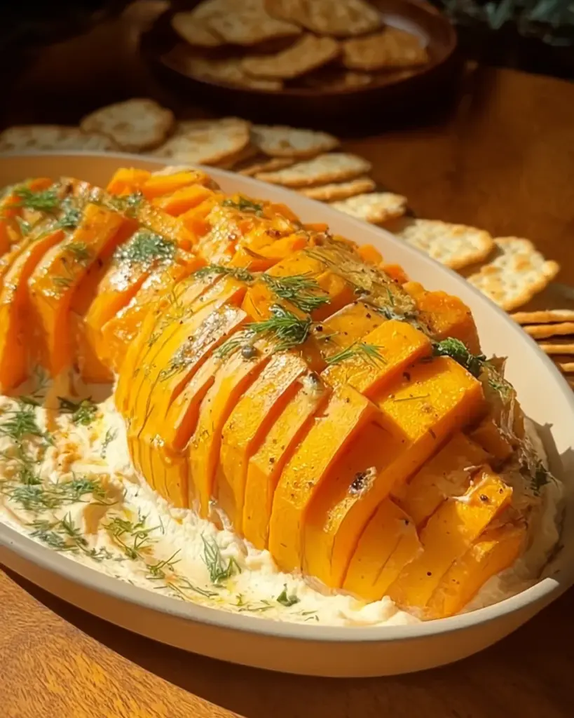 Baked butternut squash on feta dip