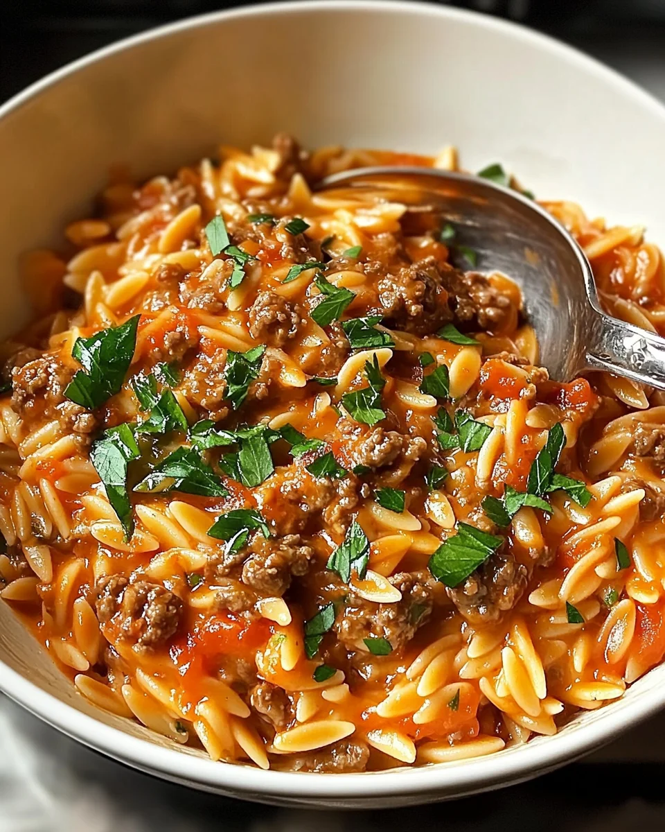 Ground Beef Orzo with Tomato Cream Sauce Ground