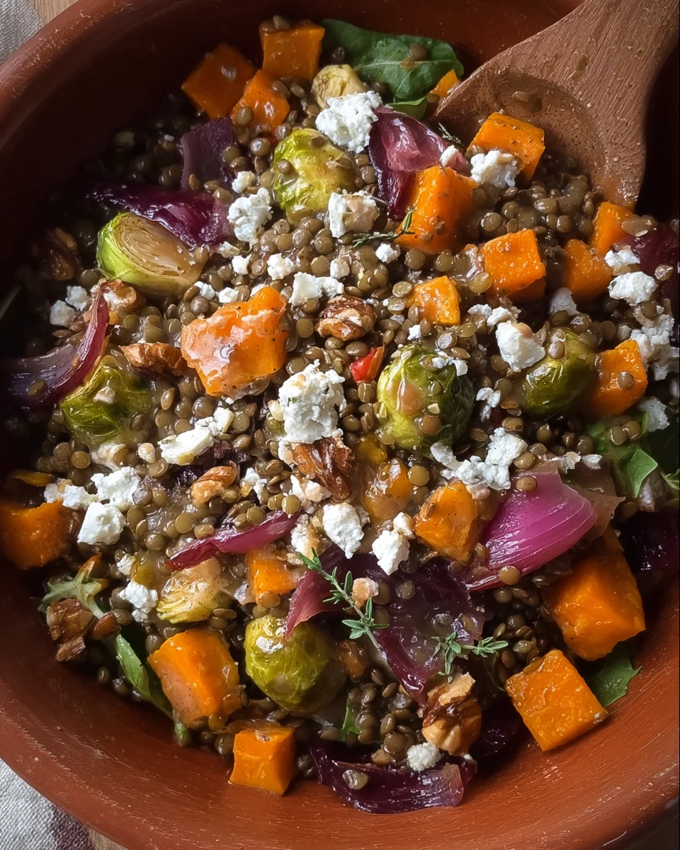 Roasted Veggie Lentil Salad with Maple-Mustard Dressing Roasted