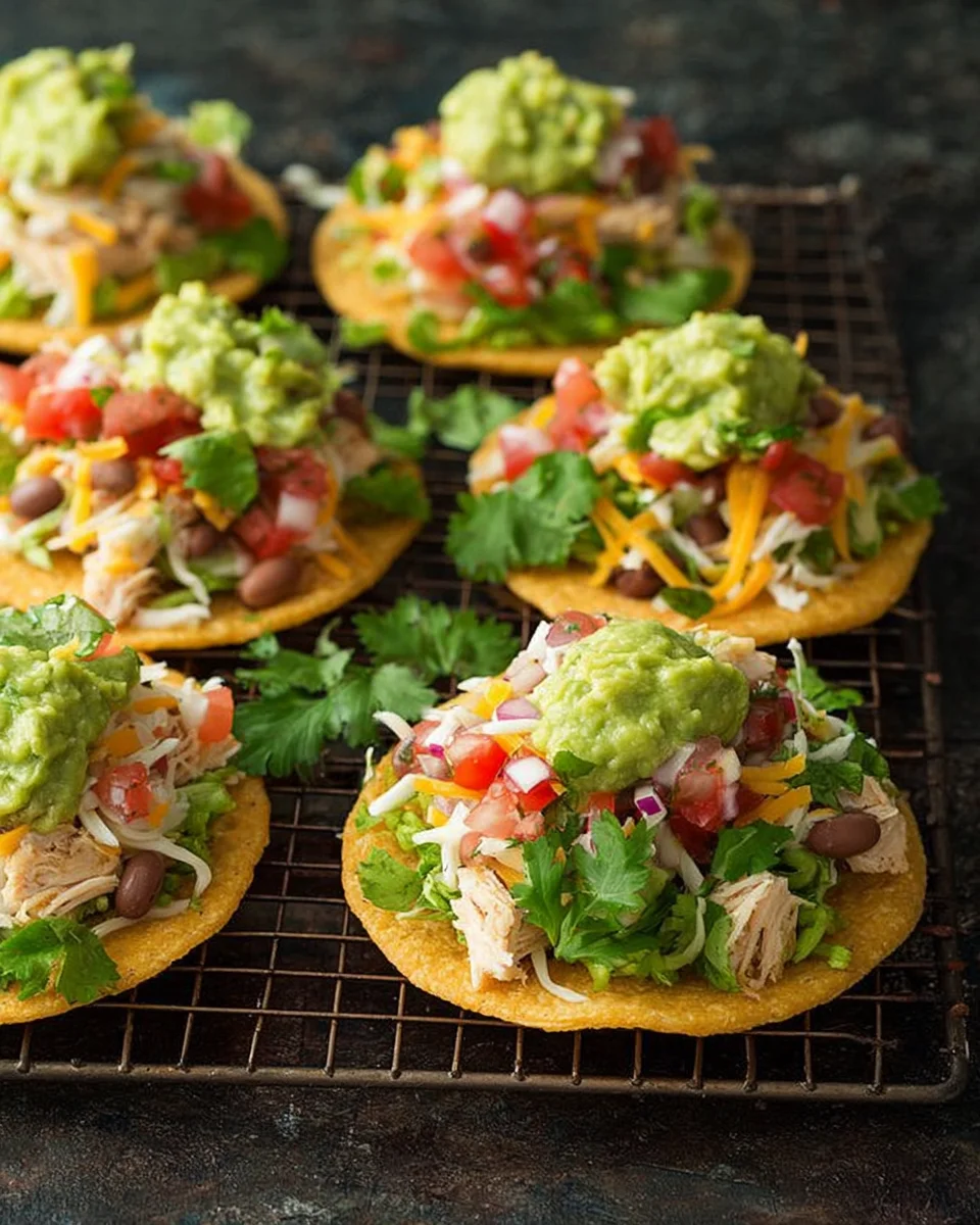 Tostadas with Chicken Guacamole and Beans Tostadas