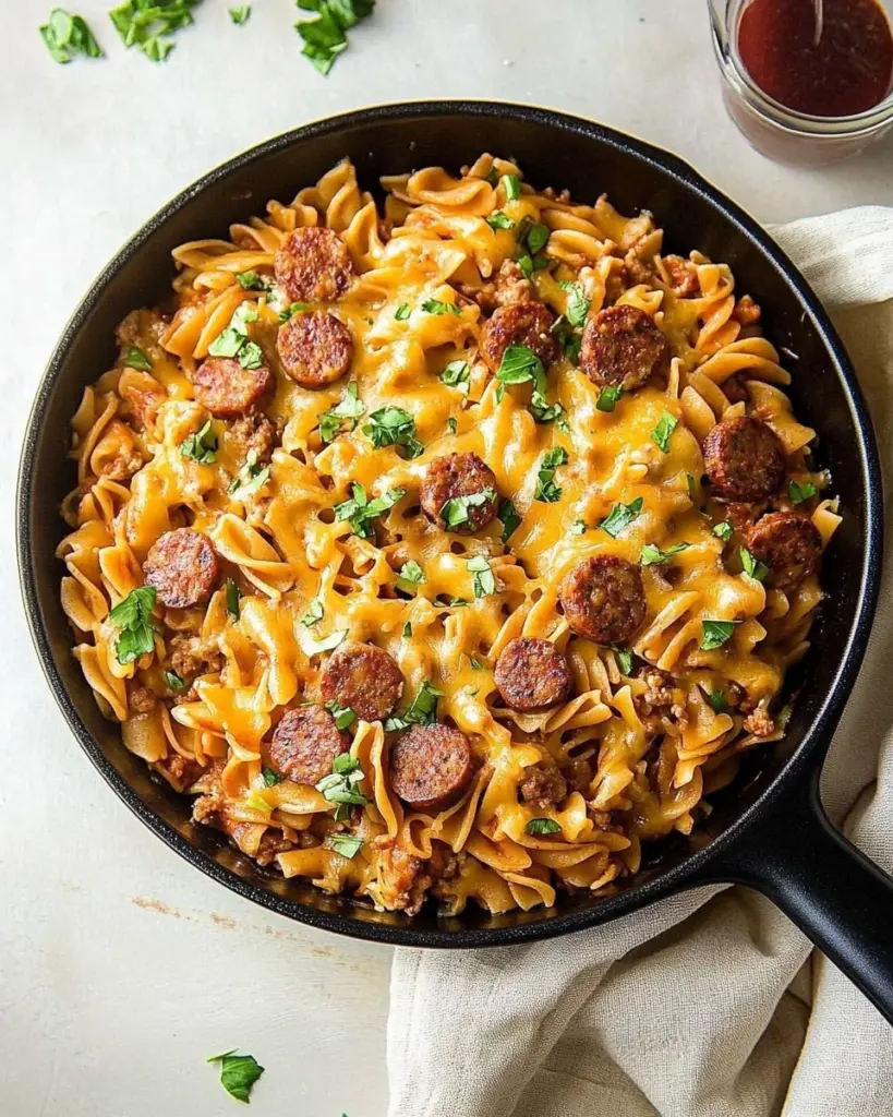 One Pan Cheesy Smoked Sausage & Pasta