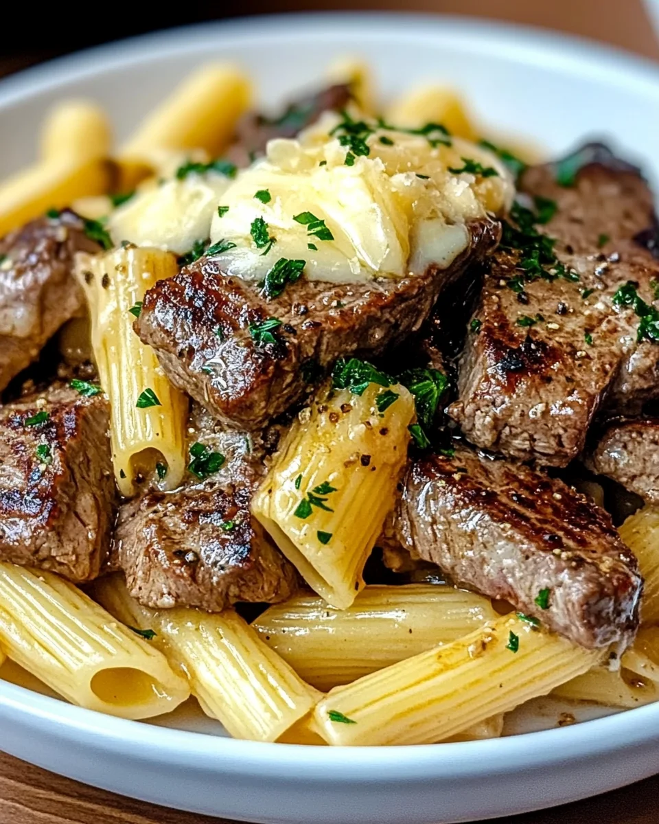 Garlic Butter Steak Tips with Cheesy Rigatoni Garlic