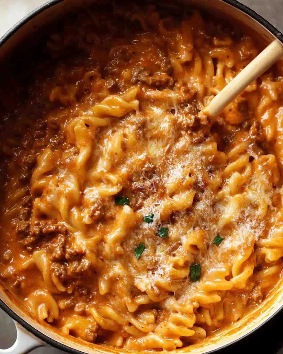 One pot creamy tomato beef pasta One