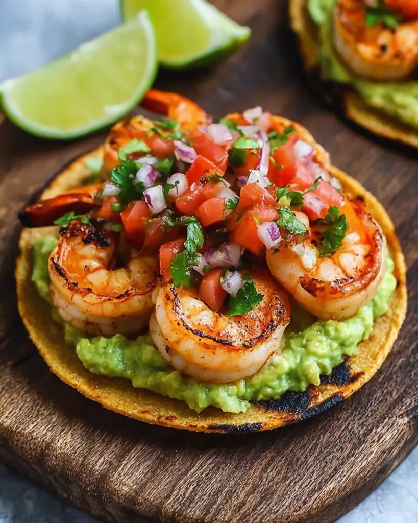 Grilled Shrimp Tostadas with Guacamole & Pico de Gallo