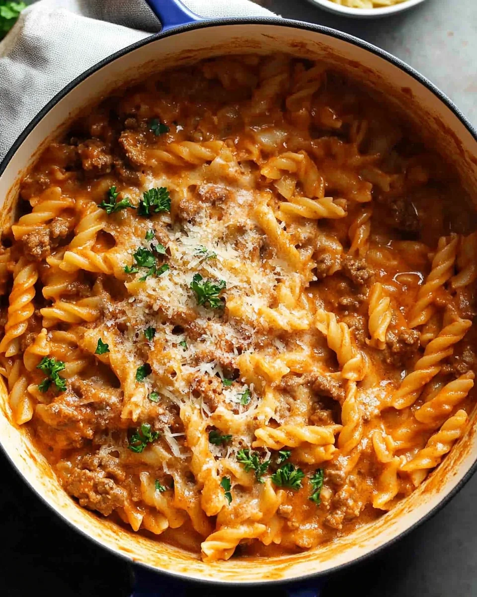 One pot creamy tomato beef pasta One