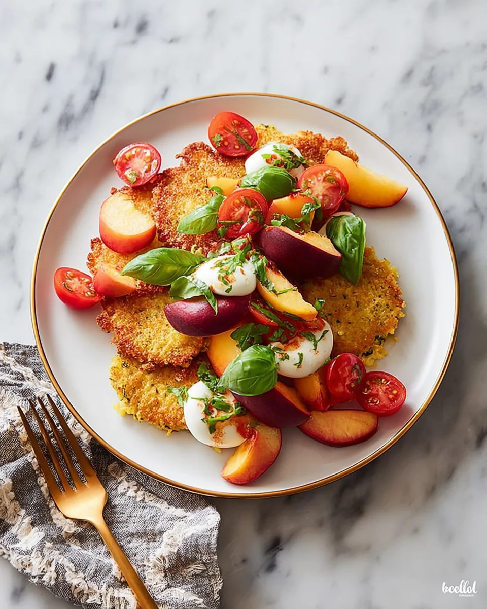 Corn Fritter Caprese with Peaches and Tomatoes Corn
