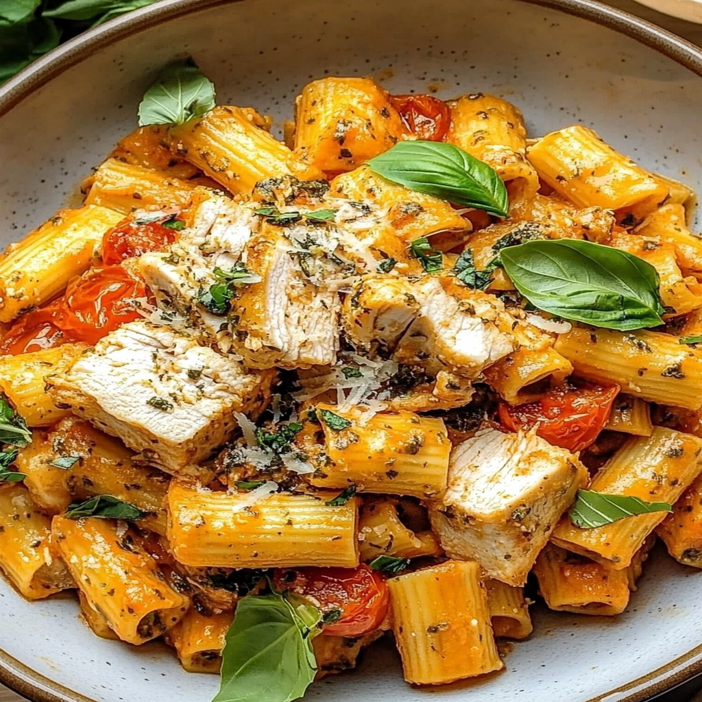 Burst Cherry Tomato Basil Chicken Rigatoni