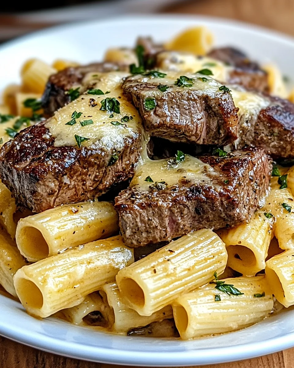 Garlic Butter Steak Tips with Cheesy Rigatoni Garlic
