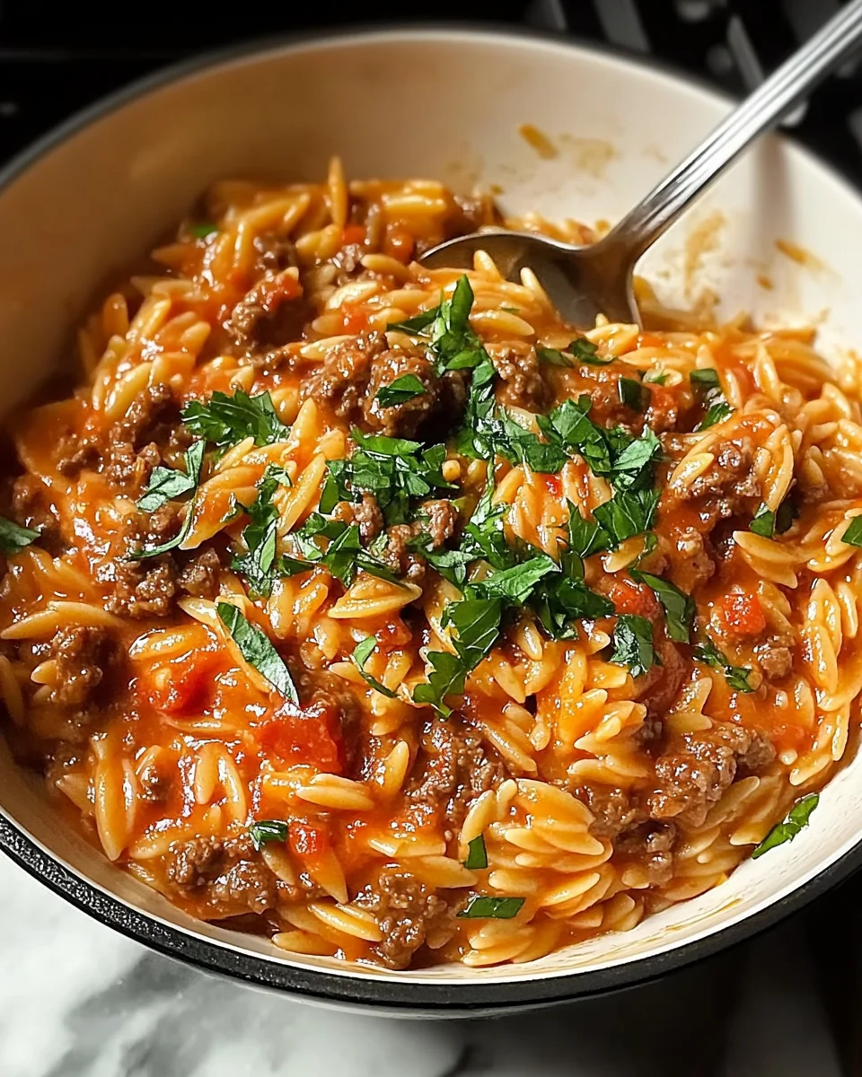 Ground Beef Orzo with Tomato Cream Sauce Ground
