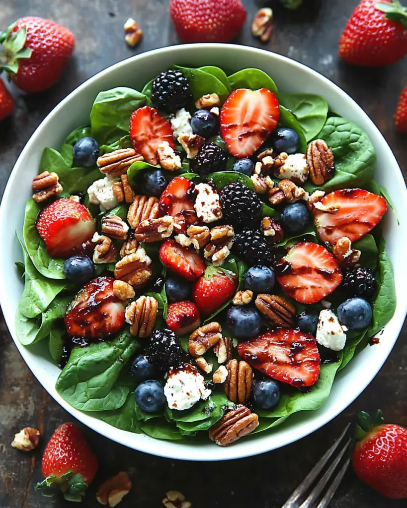 30-Minute Strawberry Spinach Salad with Blueberries, Pecans, Feta cheese, and a Balsamic glaze.
