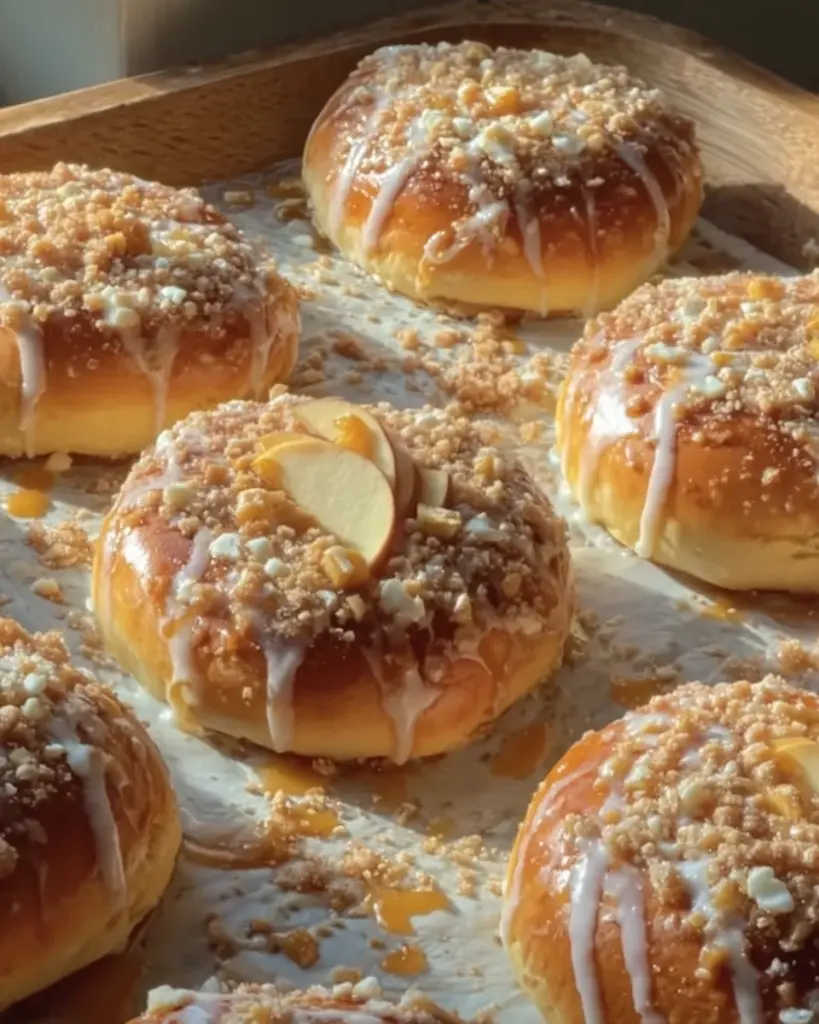 Apple Cheesecake Buns with a Crumble Topping and Sweet Glaze