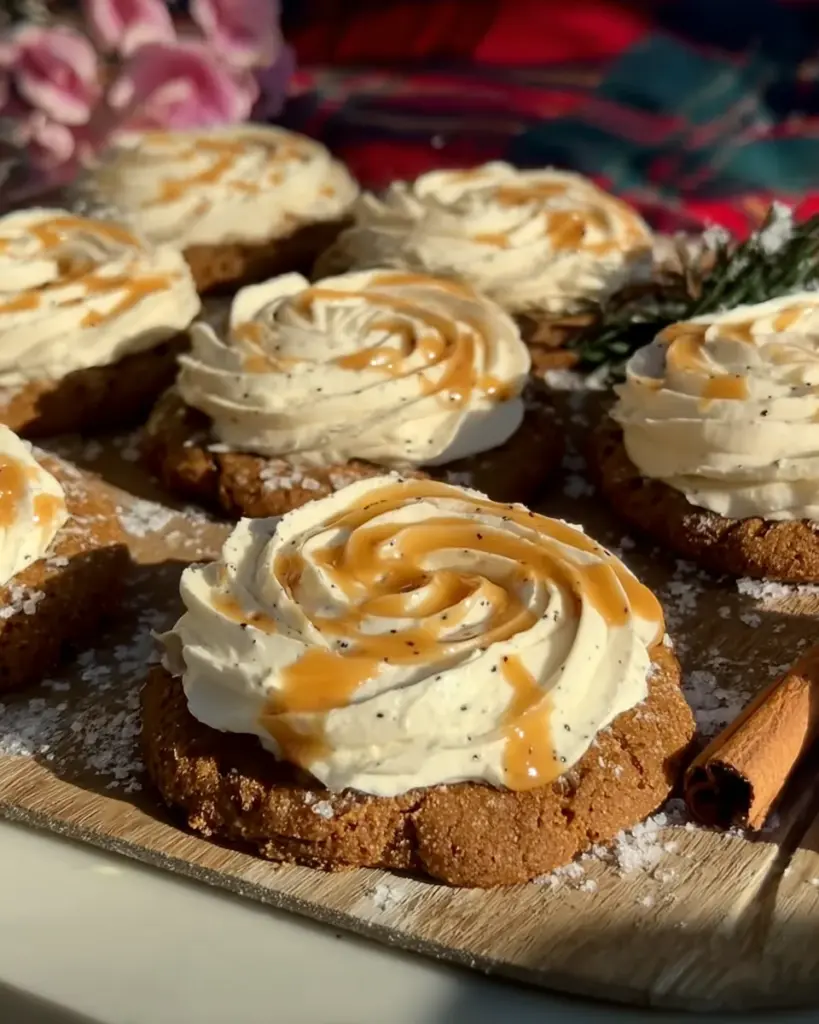 Soft Gingerbread Cookies topped with Vanilla Bean Buttercream Frosting and Salted Caramel