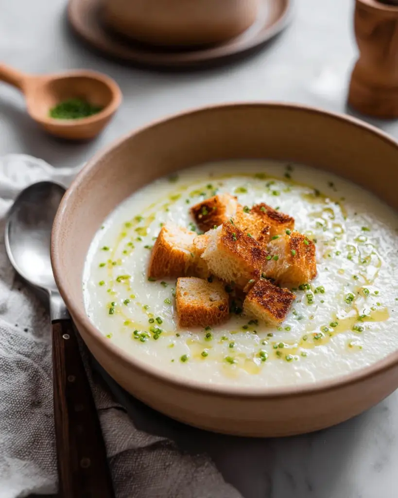 Roasted Garlic Potato Soup with Grilled Cheese Croutons